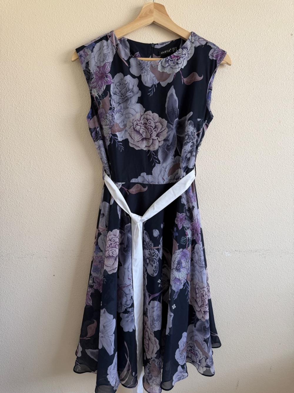 Women’s Black Floral A-Line Dress with White Sash